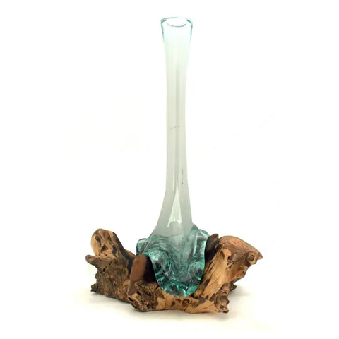 Luna - grosse, schlanke, mundgeblasene Vase auf Naturholz Sockel